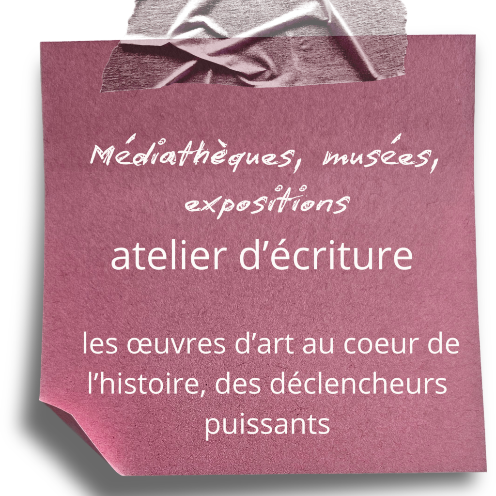 je propose une activité créative au sein de votre événement, pour vos visiteurs.
Vos visiteurs entrent en résonnance avec les œuvres d’art, ces déclencheurs puissants, et imaginent une histoire !